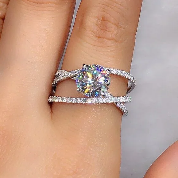 Engagement CZ Clear Super Large Silver Plated Wedding Beautiful Ring, K993
